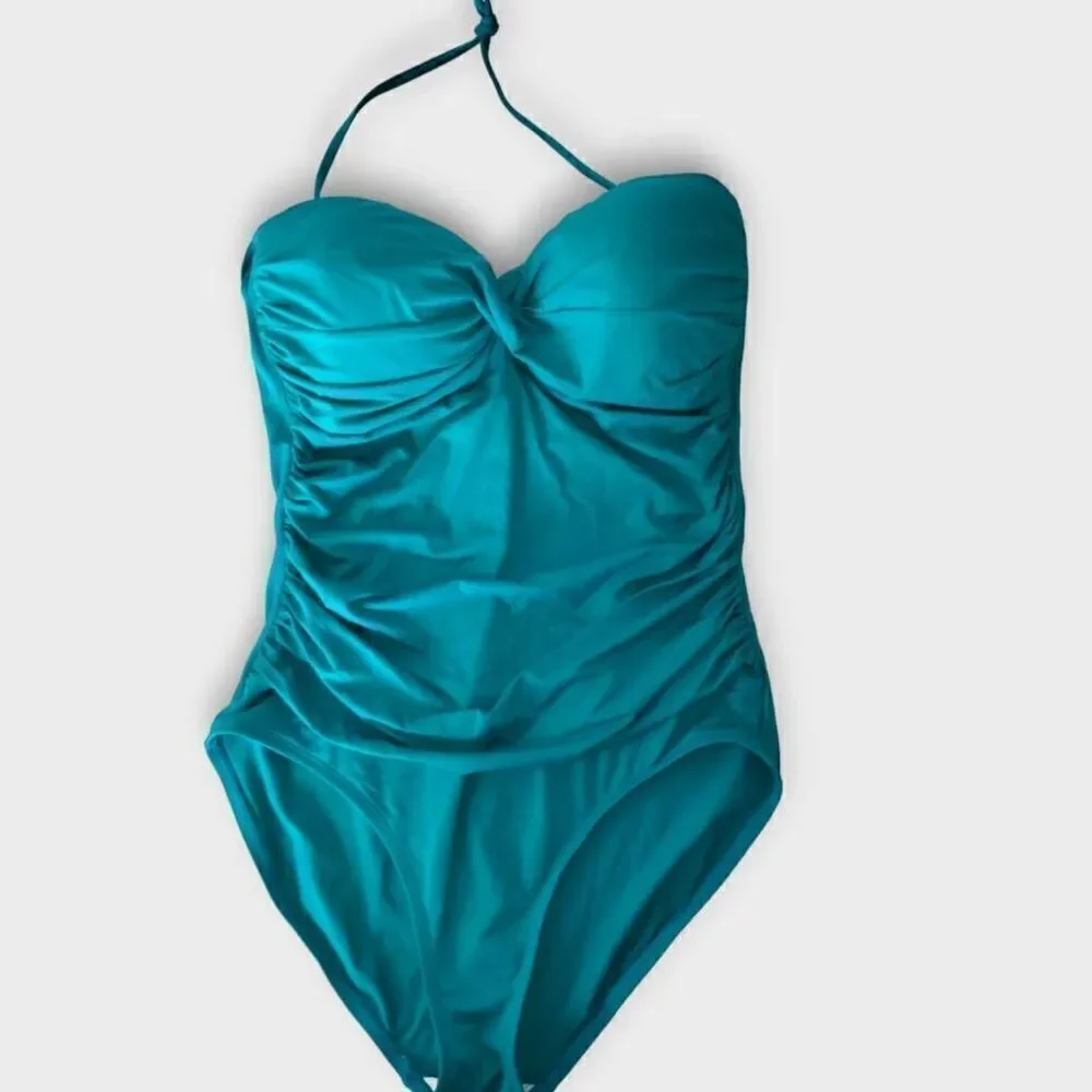 ANA Womens Swimsuit Sz 14 One Piece Turquoise Bra Support Ruched Torso High Legs